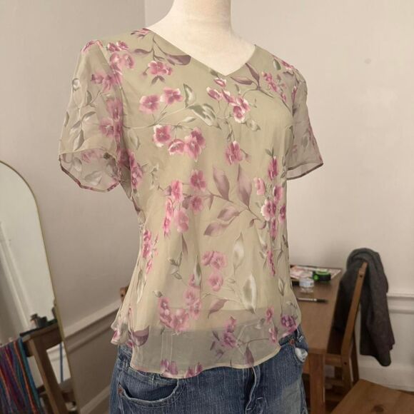 Vintage Tops - Vintage 1990s Green & Pink JBS Floral Mesh Short Sleeve Blouse, Size 10